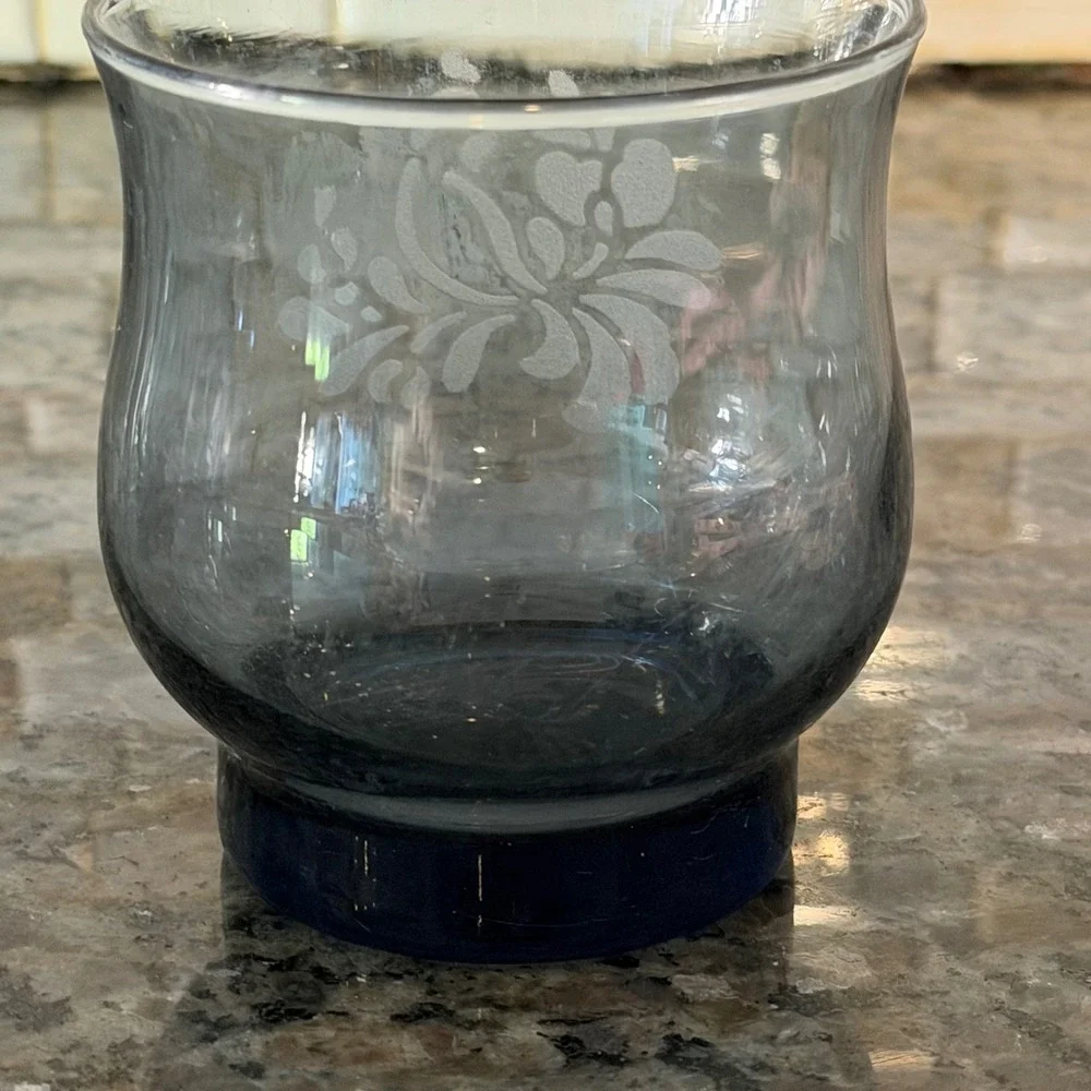Vintage Pfaltzgraff Yorktown etched floral Glasses Smoked Blue Set of 5
